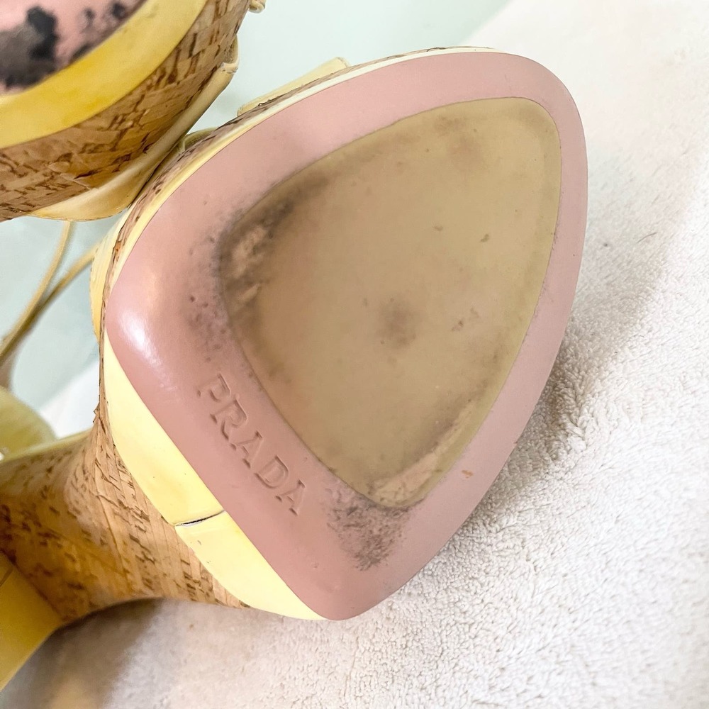 PRADA Women's Yellow Leather Ankle Strap Cork High Heels Sandal Size 36.5 - Picture 13 of 16